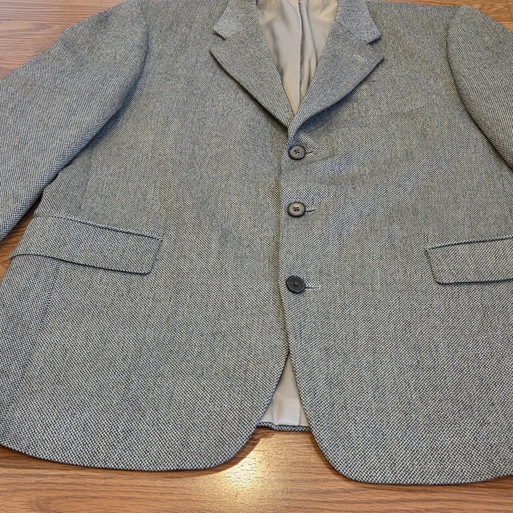 VTG Tweed Jacket L Black Beige Herringbone 100% Lambs Wool Blazer Sport Coat 44R - Picture 5 of 16